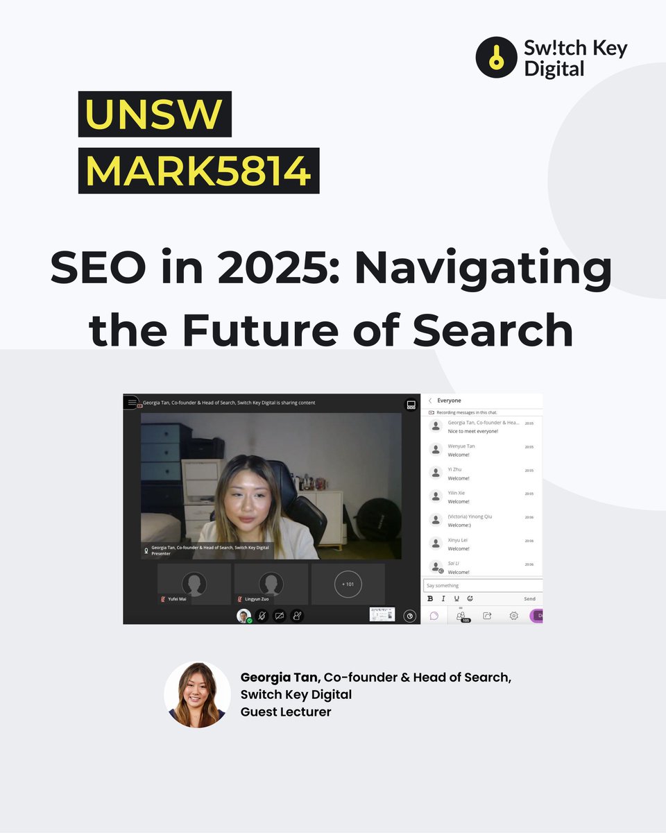 Our Co-founder, Georgia Tan, recently delivered a guest lecture on SEO in 2025: Navigating the Future of Search to over 100 engaged postgraduate students in the UNSW MARK5814 Digital Marketing course!

#SwitchKeyDigital #DigitalMarketing #SEO #UNSW #GuestLecture #FutureOfSearch
