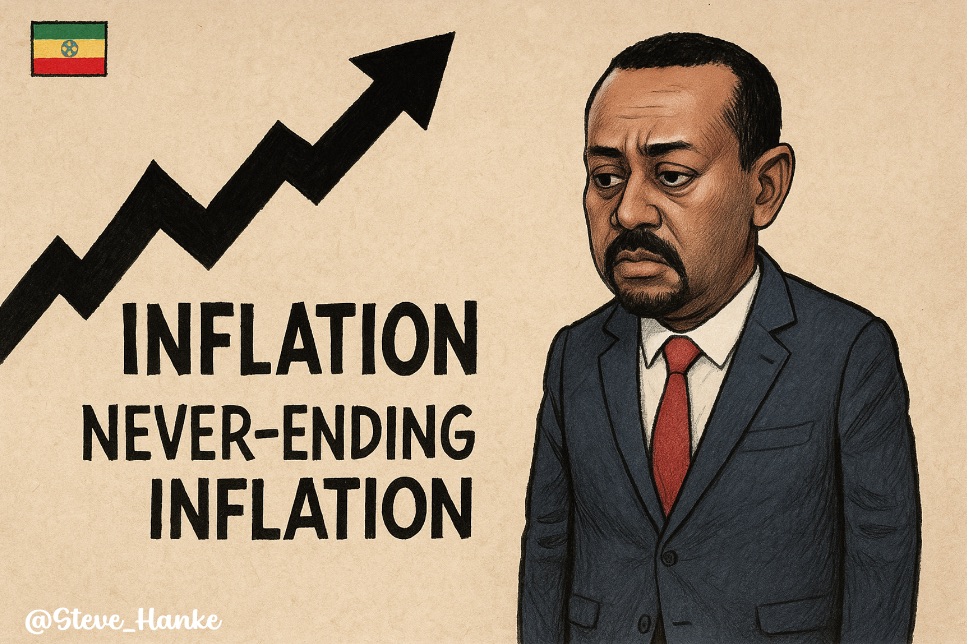 steve_hanke's tweet photo. #EthiopiaWatch🇪🇹: Today, I measure Ethiopia's inflation at a RELENTLESS 40%/yr.

PM Abiy Ahmed’s Ethiopia = NEVER-ENDING INFLATION. https://t.co/OlEsD7Y23K