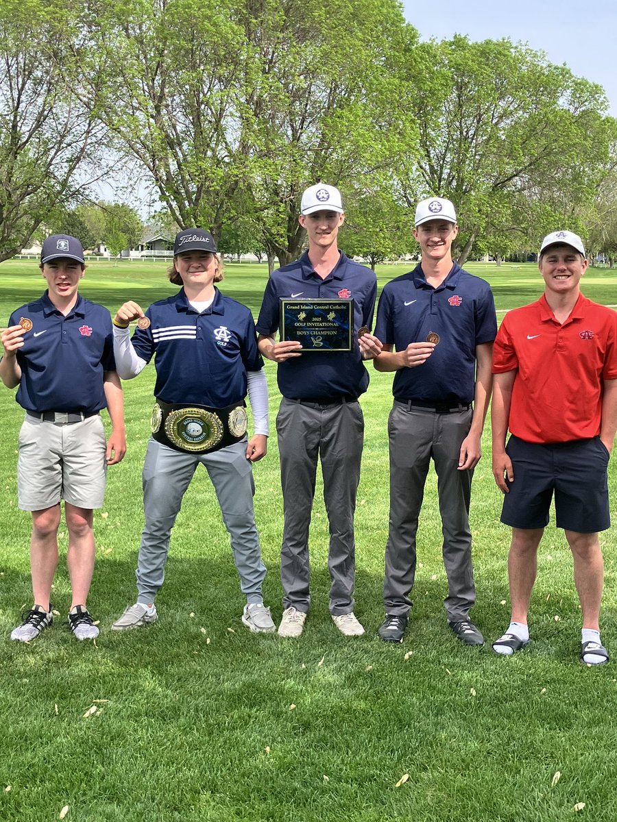 AC Boys Golf win the GICC Invite with a 302. The boys thought the belt was a nice touch for the winning team! 
Braeden 73🥉3rd
Brenson 75 🏅9th
Brayden 77 🏅12th 
Axel 77  🏅13th 
JJ 81 PR