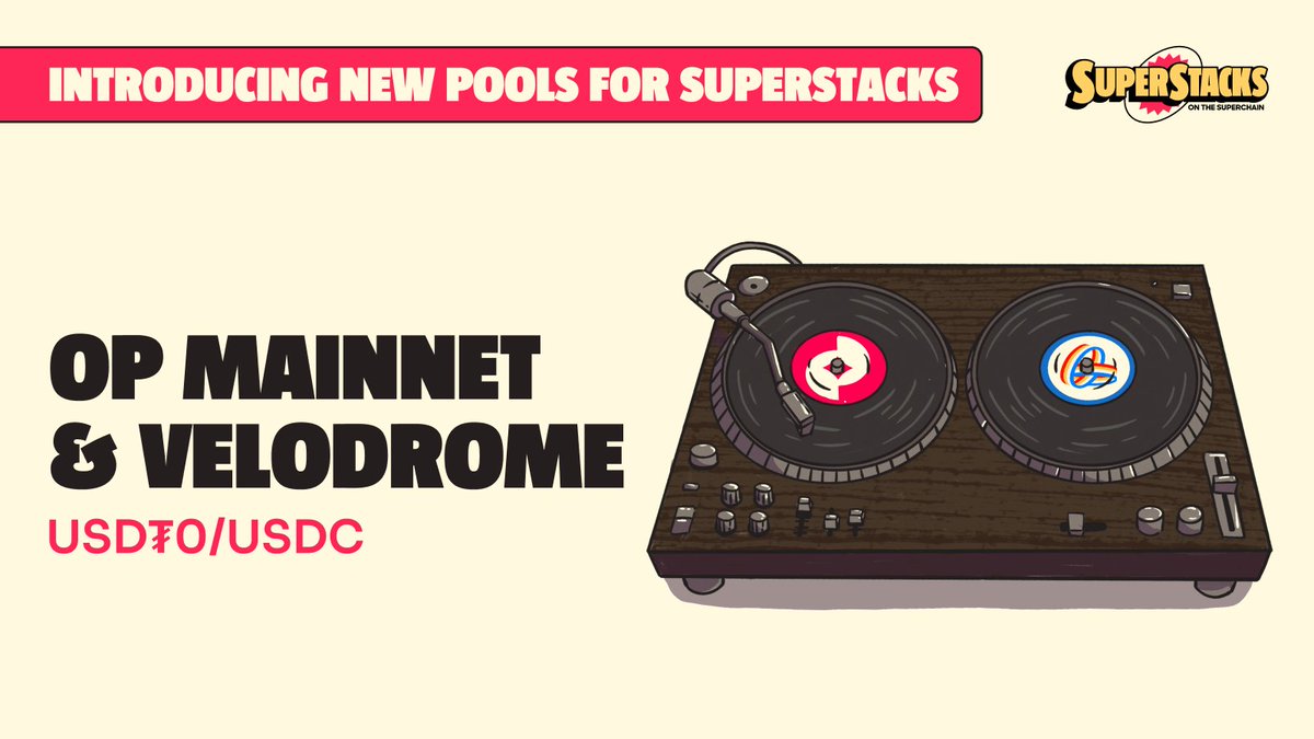 🔴На <a href="/VelodromeFi/">Velodrome</a> появились два новых пула Superstack, оба на <a href="/Optimism/">Optimism</a> OP Mainnet:

USD₮0 / USDC
USD₮0 / kBTC

✨Получайте 10 XP за внесенный $1 каждые 24 часа, как и в предыдущих пулах.

🔥Подробнее: app.optimism.io/superstacks