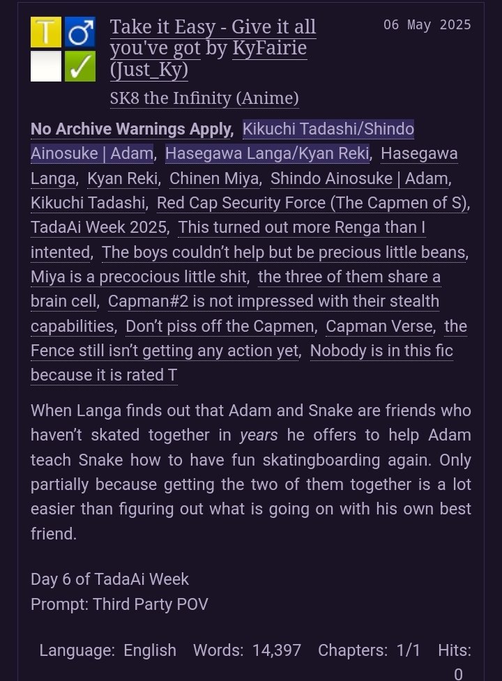 KyFairie's tweet photo. TadaAi Week Day 6!!!
Today's story is a companion piece to yesterday's offering, but they can be read on their own.

https://t.co/yXzLUkm1DZ

#TadaAi #tadaaiweek2025 #sk8
#RengaPlayingMatchmakers
#DontBullShitTheCapmen https://t.co/5pV2R1ovNT