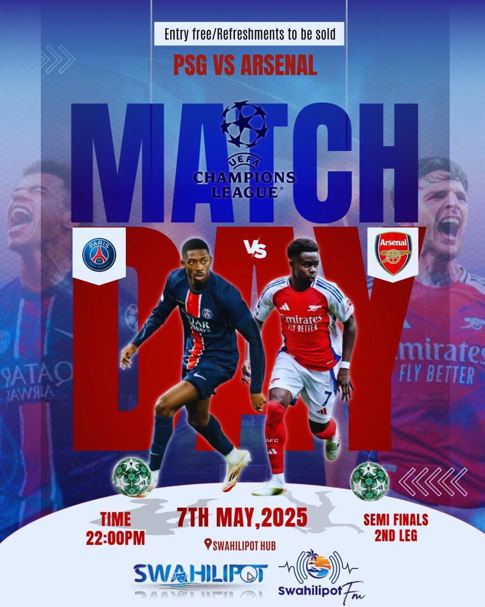 Emmanuel Gona (@danny_gonah) on Twitter photo We should start as early as now. PSG vs Arsenal, who is going to win this one? Let's meet at <a href="/swahilipothub/">Swahilipot Hub</a> tonight and enjoy this big match together
<a href="/swahilipotfm/">SwahilipotFm 91.7</a> We should start as early as now. PSG vs Arsenal, who is going to win this one? Let's meet at <a href="/swahilipothub/">Swahilipot Hub</a> tonight and enjoy this big match together
<a href="/swahilipotfm/">SwahilipotFm 91.7</a>