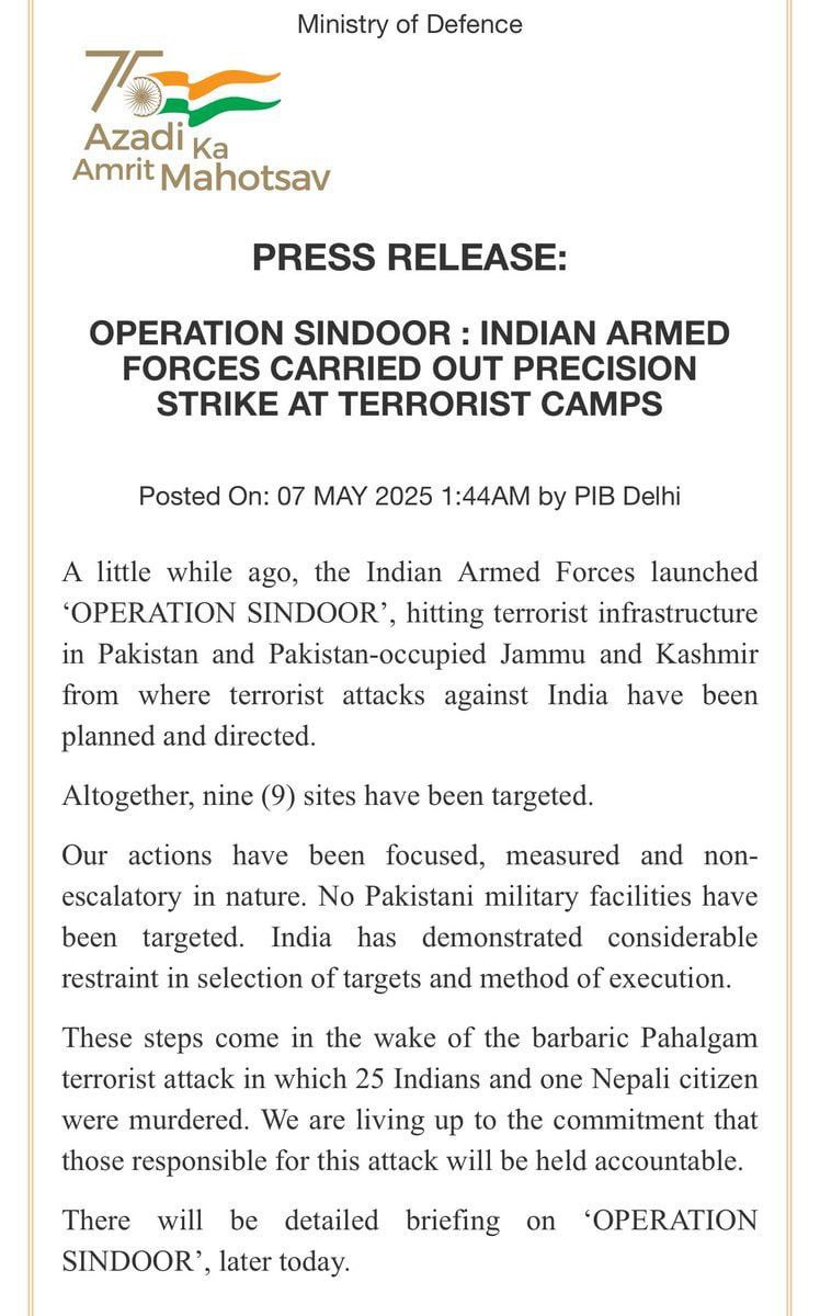WorldDataHQ's tweet image. BREAKING: 🇮🇳⚔️🇵🇰 Official press release about the &quot;Operation Sindoor&quot; from the Indian Ministry of Defense
