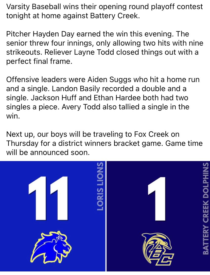 Big first round win tonight for our Lions! We’ll travel to Fox Creek Thursday! 
Go Lions! 🦁⚾️
<a href="/4HaydenDay11/">Hayden Day</a> 
<a href="/aiden_suggs/">Aiden Suggs</a> 
<a href="/JacksonHuff16/">Jackson Huff</a> 
<a href="/ethanhardeee/">Ethan Hardee</a>