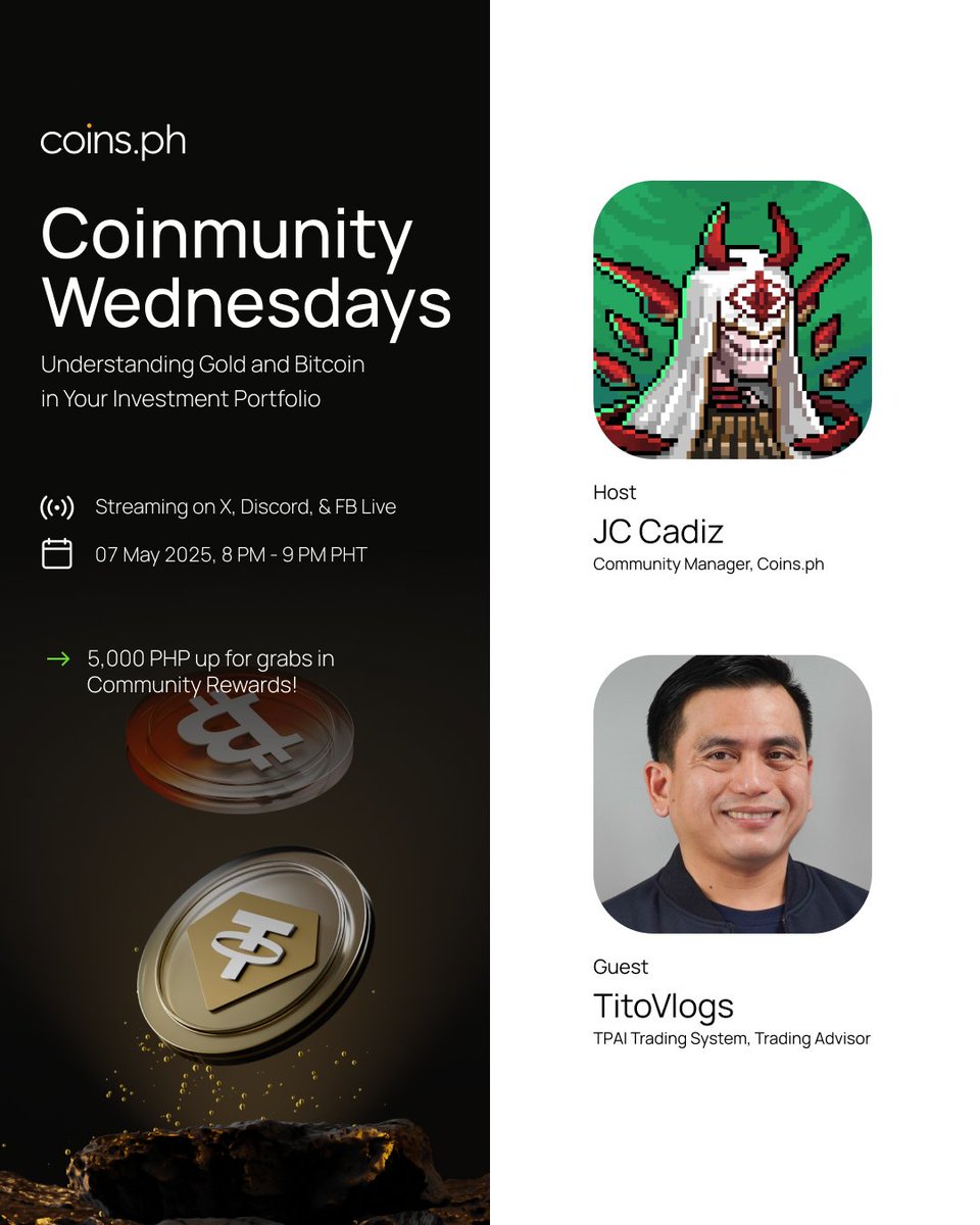 Coins.ph (@coinsph) on Twitter photo TONIGHT on #CoinmunityWednesdays with <a href="/titovlogs77/">TitoVlogs.Crypto</a> 🟡💰
Gold and Bitcoin — two of the most trusted fiat alternatives. How do they fit into your investment strategy?
🎁 P5K up for grabs in community rewards
👉 Stream tonight at 8PM: discord.gg/coinsph TONIGHT on #CoinmunityWednesdays with <a href="/titovlogs77/">TitoVlogs.Crypto</a> 🟡💰
Gold and Bitcoin — two of the most trusted fiat alternatives. How do they fit into your investment strategy?
🎁 P5K up for grabs in community rewards
👉 Stream tonight at 8PM: discord.gg/coinsph