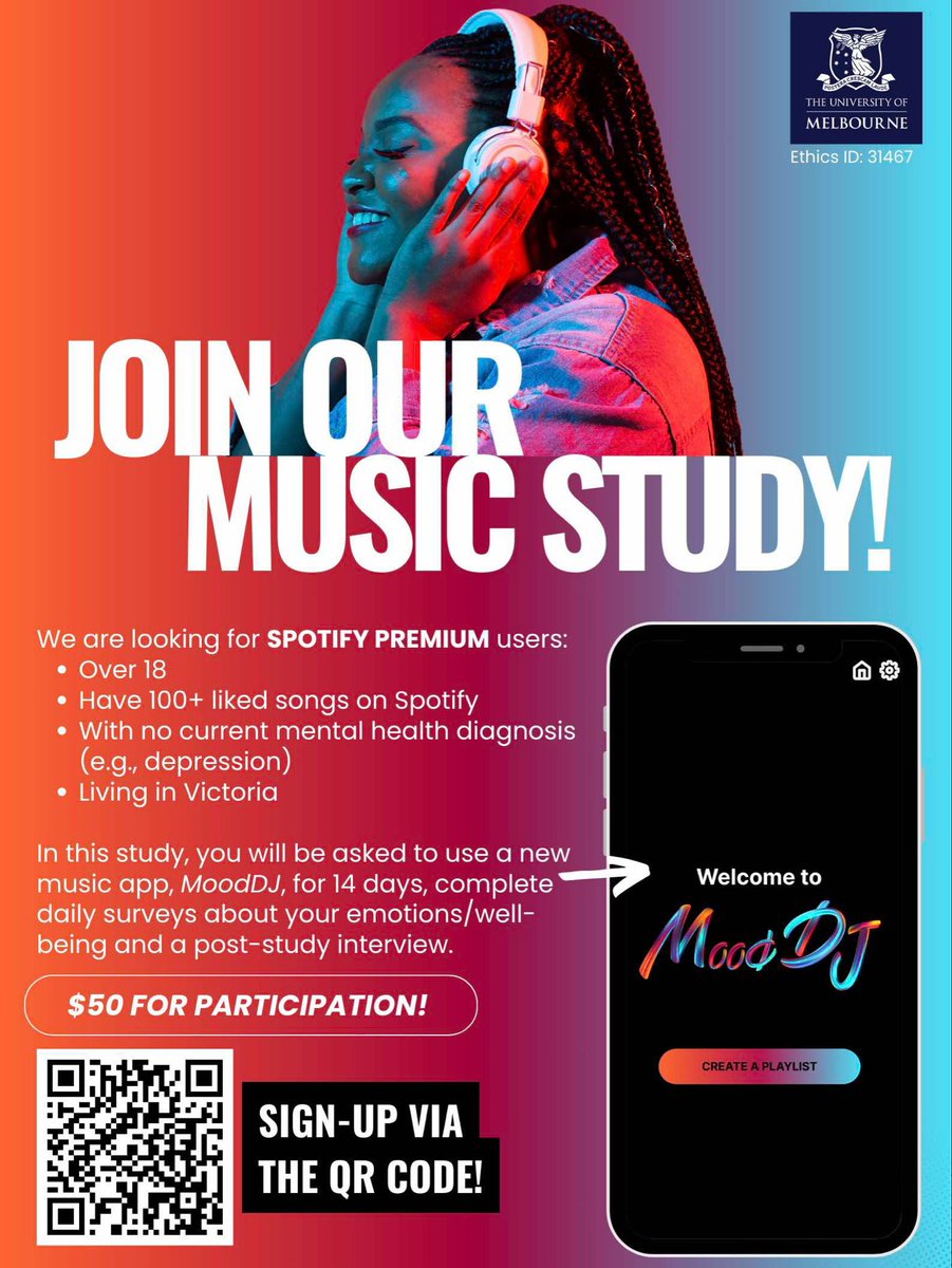 🚨Calling all Spotify Premium users! 🚨

Want to pilot a new music app, MoodDJ? 🎧🎶 This study will involve: (1) using MoodDJ for 14 days in your daily life, (2) completing daily emotion surveys and (3) a post-study interview.

Sign up via the QR code!