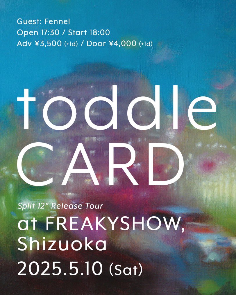 card_jp's tweet photo. toddleとのスプリットツアー中盤。
今週土曜日は静岡へ！
Fennelとのダブルレコ発！

5/10（土） @静岡 Freakyshow @freakyshowszok 

出演
toddle
Fennel
CARD

開場 17:30
開演 18:00
前売 ¥3,500 (+1d) 
当日 ¥4,000 (+1d)

チケット
https://t.co/LohYLEkKFO https://t.co/hxI7RTpZXt