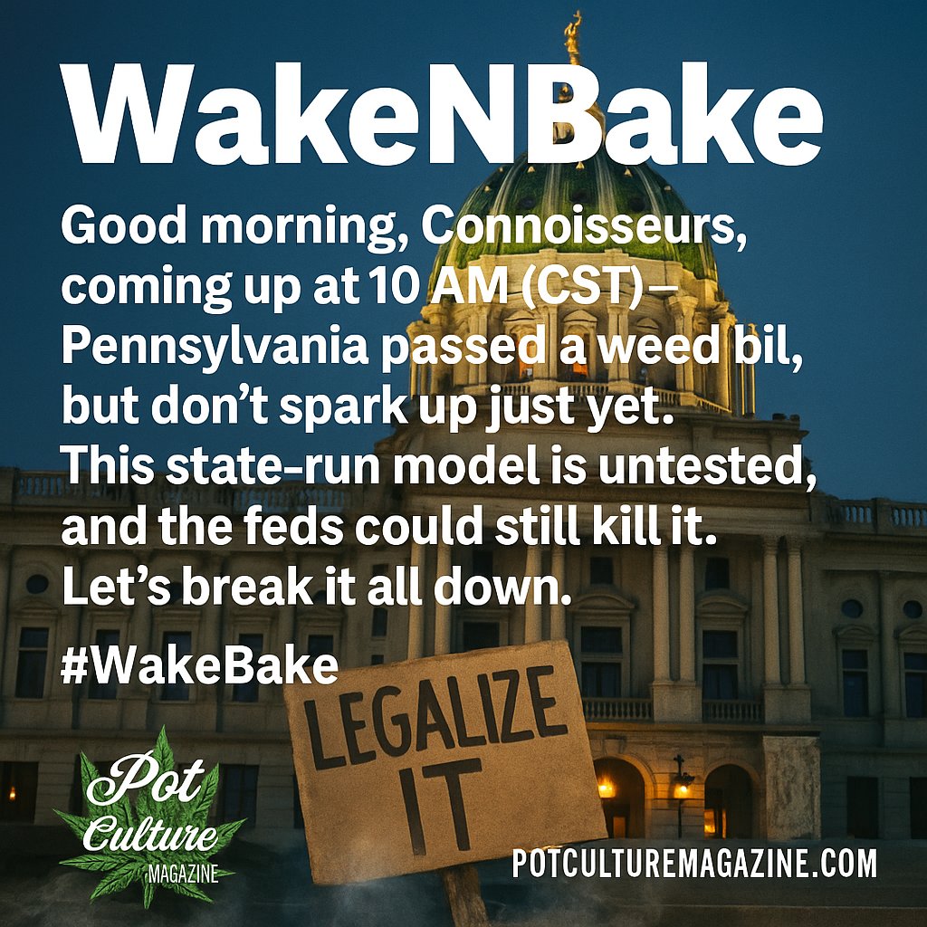 PotCultureMag's tweet photo. #WakeNBake: Good morning, Connoisseurs, coming up at 10 AM (CST)—Pennsylvania passed a weed bill, but don’t spark up just yet. This state-run model is untested, and the feds could still kill it. Let’s break it all down. #PotCultureMagazine #Cannabis #PAWeed #CannabisCulture #Weed https://t.co/KJ2iPKwzdN