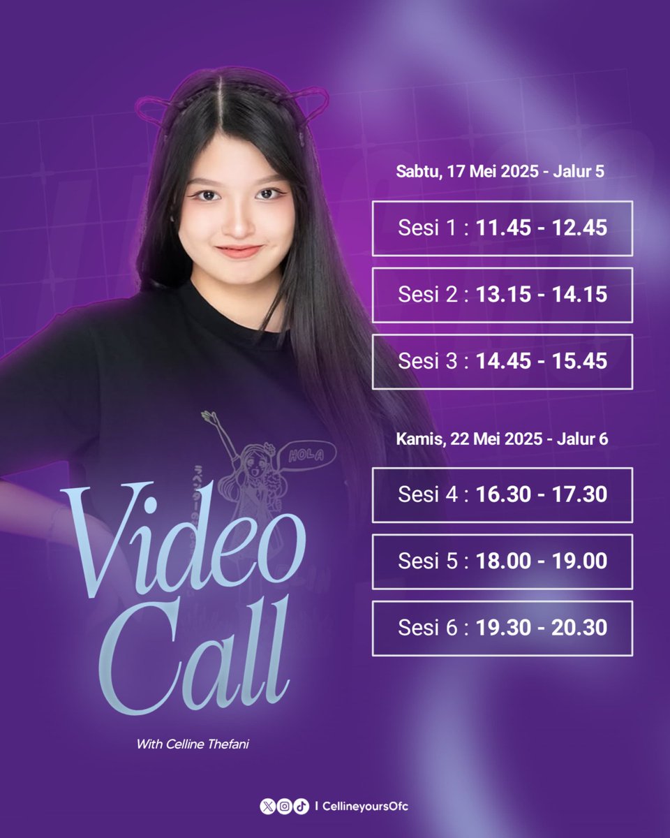 Morlinnn Lavenderian 🪻

Kabar baik nih! Jadwal VC nona <a href="/Elin_JKT48/">Celline Thefani</a> sudah keluar lhoo! Jangan lewatkan kesempatan ini untuk mengobrol dengan nona Elin 😉

Untuk OFC mulai besok malam sudah bisa dipesan tiketnya dan untuk General mulai lusa malam ya 🥰

Siapa nih yang udah kangen