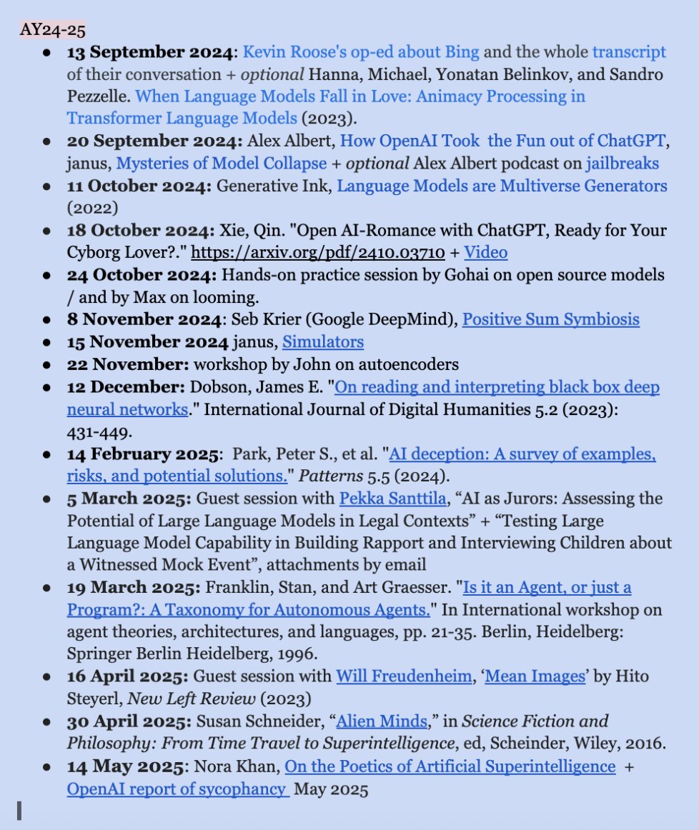 our reading group schedule for the past academic year under the theme of 'open ai, feral ai'. it was harder for me to find interesting material this time, compared to our readings on evolution and cognition last year 🫨
