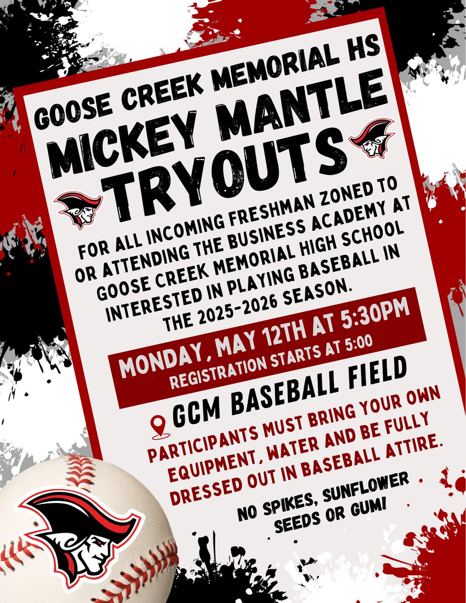 It’s time to gear up for Mickey Mantle Tryouts at Goose Creek Memorial High School!

If you’re an incoming freshman zoned to or attending the Business Academy at GCM and you’re ready to compete in the 2025-2026 baseball season — this is your shot!

📅 Tryout Details:
🗓 Monday,