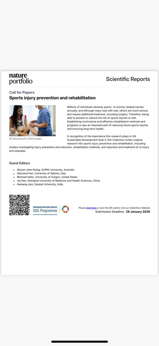 Happy to come on as Guest Editor for <a href="/SciReports/">Scientific Reports</a> Collection Sports Injury Prevention and Rehabilitation. Submit your work on including studies investigating injury prevention and reduction, rehabilitation methods, and reduction and treatment of re-injury:

nature.com/collections/ha…