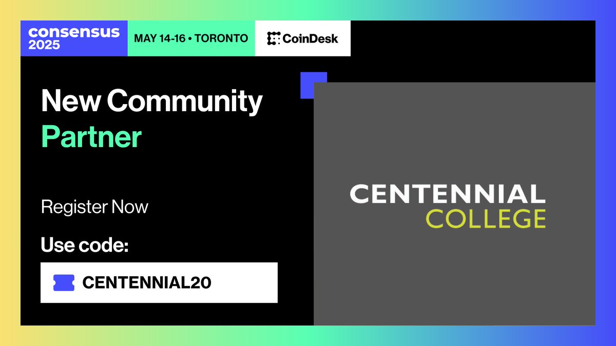 Centre of Innovation & Entrepreneurship (@coecentennial) on Twitter photo ๐ฃ <a href="/CentennialEDU/">Centennial College</a> is an official Community Partner for @Consensus2025 โ one of the most exciting events for #blockchain, #AI & #Web3 innovation!
๐๏ธ Get 20% off your tickets with CENTENNIAL20
๐ MTCC Toronto | ๐๏ธ May 14โ16
๐ go.coindesk.com/CENTENNIAL20
<a href="/CoinDesk/">CoinDesk</a> #ConsensusTO ๐ฃ <a href="/CentennialEDU/">Centennial College</a> is an official Community Partner for @Consensus2025 โ one of the most exciting events for #blockchain, #AI & #Web3 innovation!
๐๏ธ Get 20% off your tickets with CENTENNIAL20
๐ MTCC Toronto | ๐๏ธ May 14โ16
๐ go.coindesk.com/CENTENNIAL20
<a href="/CoinDesk/">CoinDesk</a> #ConsensusTO