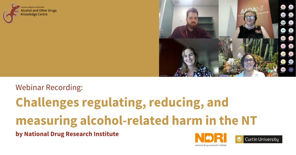 This webinar from the National Drug Research Institute (<a href="/NDRIau/">NDRI Curtin</a>) discusses the challenges associated with regulating, measuring and reducing alcohol-related harm in the NT. Watch now: 🔗 bit.ly/3SuOBsx
