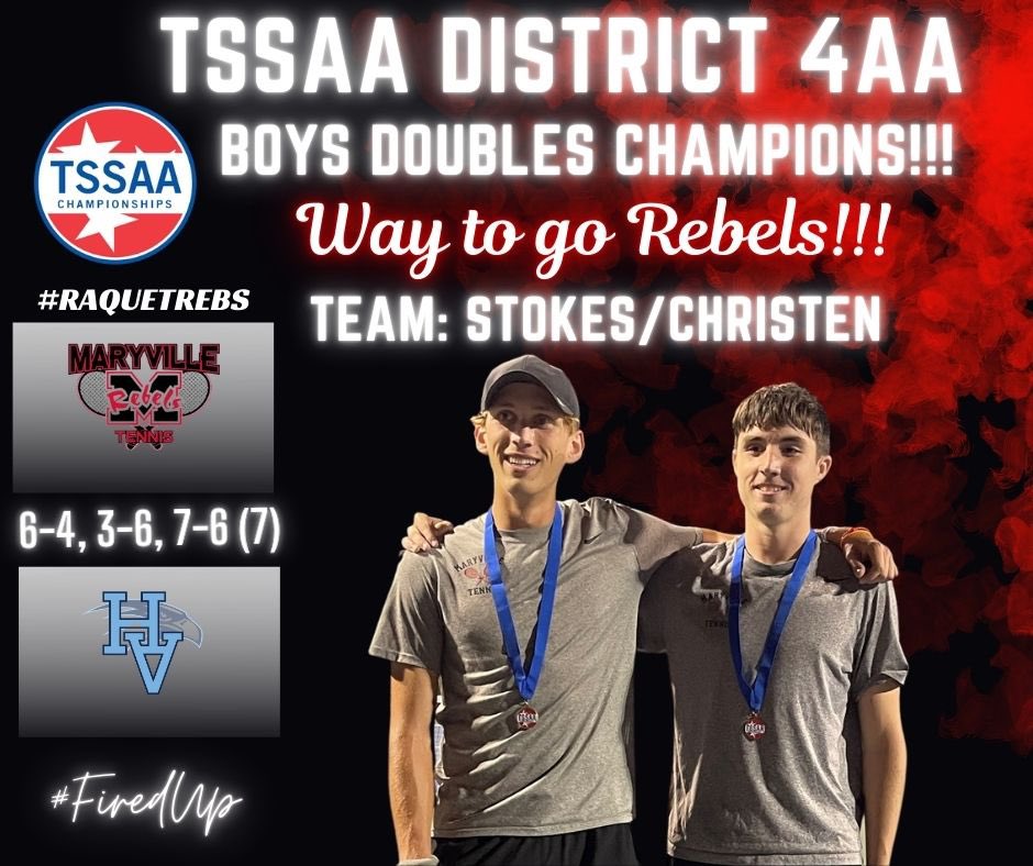 Maryville Rebels Tennis (@mhsrebelstennis) on Twitter photo Congrats to Tate Stokes and Spencer Christen on winning the District 4AA Boys Doubles Championship! They defeated Leckrone / Wilson (HVA) 6-4, 3-6, 7-6 (7).
Stokes / Christen advance to the Region 2AA Individual Tournament.
<a href="/homeoftherebels/">Maryville Rebels Athletics</a> <a href="/MaryvilleHigh/">Maryville High School</a> <a href="/TDT_Sports/">Daily Times Sports</a> Congrats to Tate Stokes and Spencer Christen on winning the District 4AA Boys Doubles Championship! They defeated Leckrone / Wilson (HVA) 6-4, 3-6, 7-6 (7).
Stokes / Christen advance to the Region 2AA Individual Tournament.
<a href="/homeoftherebels/">Maryville Rebels Athletics</a> <a href="/MaryvilleHigh/">Maryville High School</a> <a href="/TDT_Sports/">Daily Times Sports</a>