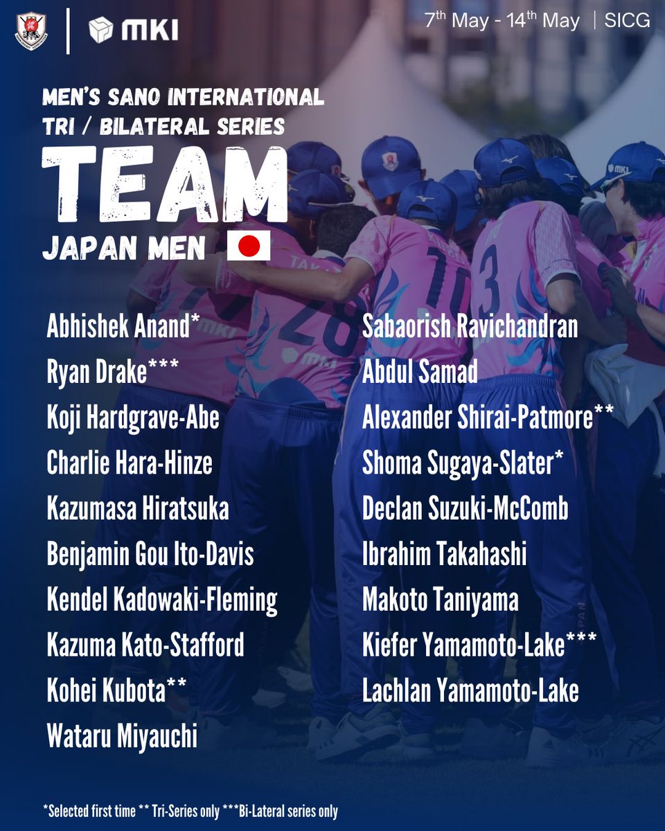 Team Announcement 📣 

男子佐野国際対抗戦に出場する男子日本代表メンバーを発表

Introducing the Japan Men’s National Team for the Sano International Tri &amp; Bilateral Series. 👊

#japancricket #クリケット