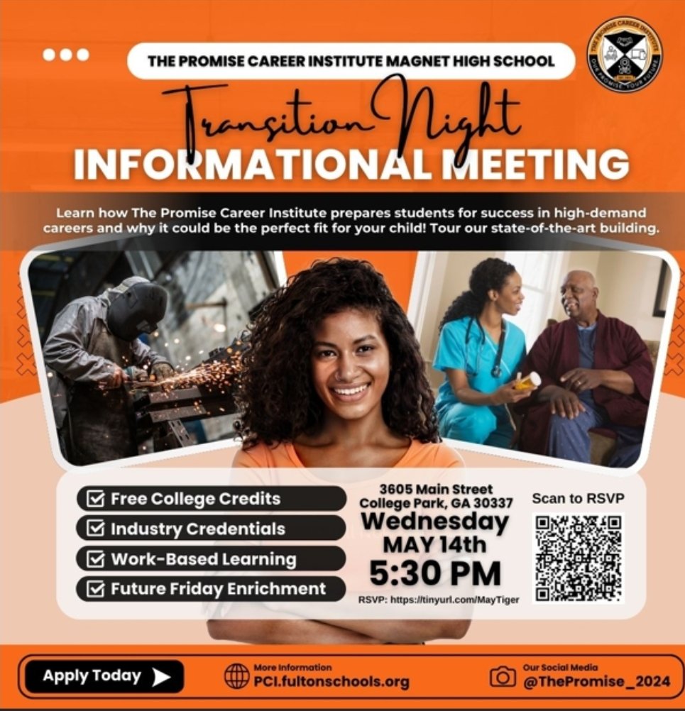 Accepted to PCI? Need help with your app?

Join us for Transition Night – info sessions &amp; tours for future Tigers!

Wed, May 14 | 5:30 PM
3605 Main St, College Park

RSVP: tinyurl.com/MayTiger
#Applynow #PCI2024