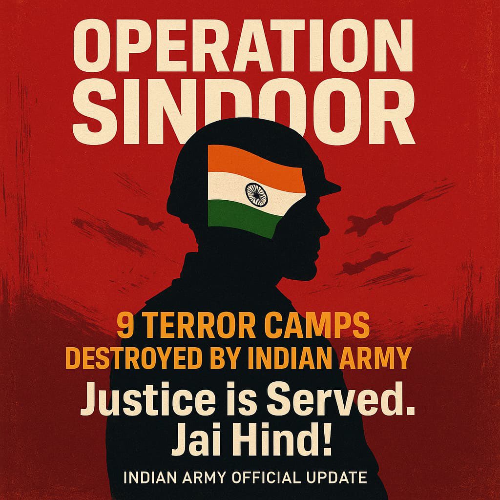 Eet Ka Jawab Pathar Se… Jai Hind.

Best Part of this attack is.. 
NO PAK ARMY IS ATTACKED
NO CIVILIAN IS HARMED
MAJOR TERROR CAMPS ARE CRUSHED.

Kudos to Indian Army, Indian Airforce and everyone involved. Because of you all we are living peacefully. 
#OperationSindoor #JaiHind