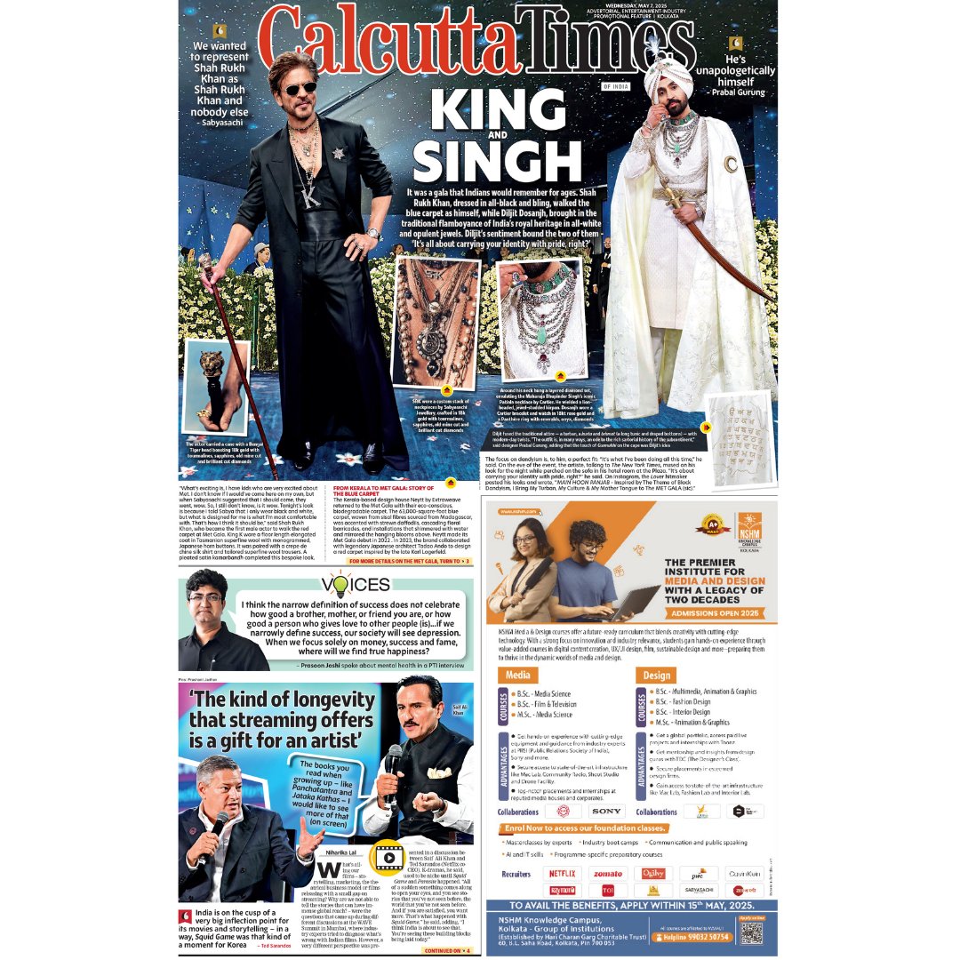 Calcutta_Times's tweet photo. Today's P1: #ShahRukhKhan and #DiljitDosanjh make a statement at the #MetGala2025; #SaifAliKhan opens up about OTT platforms, his experience with web shows; and more...
#metgala #metgala2025 #Wavesummit #PrashoonJoshi #calcuttatimes https://t.co/i9S3yJZfl2