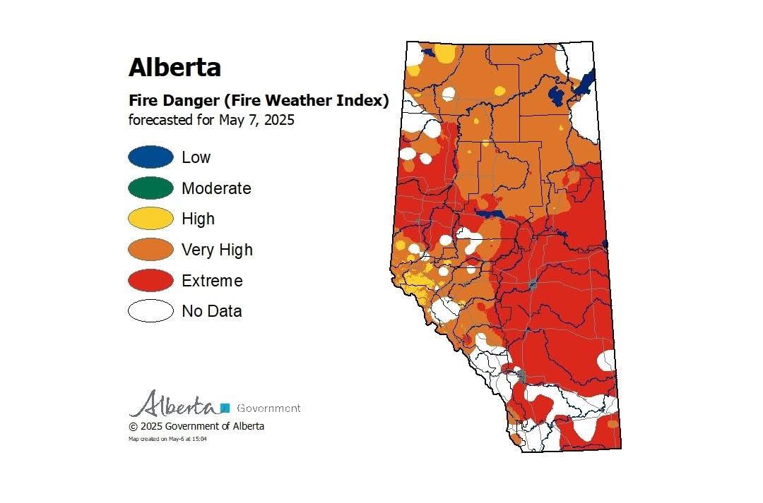The Fire Danger map for Alberta is absolutely terrible for tomorrow.

And it is only May 6.

Thinking about all the Albertans under evacuation orders &amp; all our first responders doing incredible work protecting people &amp; property. 

Be safe everyone!

#AlbertaFire #Firefighters