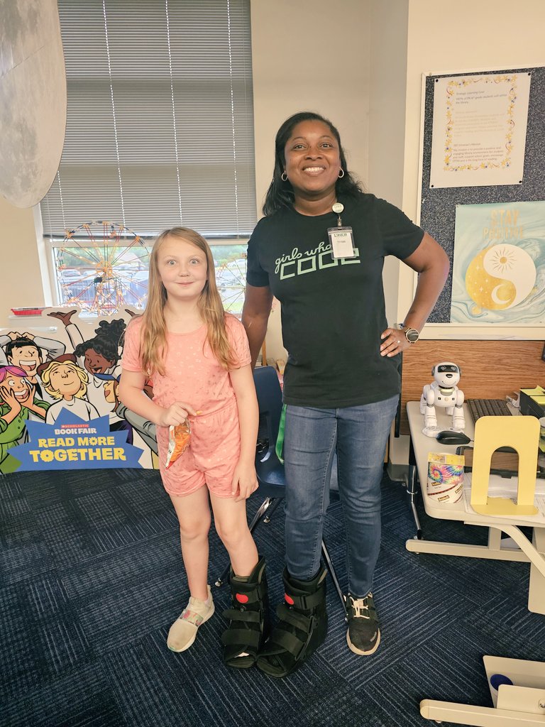 @<a href="/SouthEulessHEB/">South Euless Elem.</a> we do a lot together. #boot on my right foot and her left foot! #twinses #hebisdlibraries #injury #healing