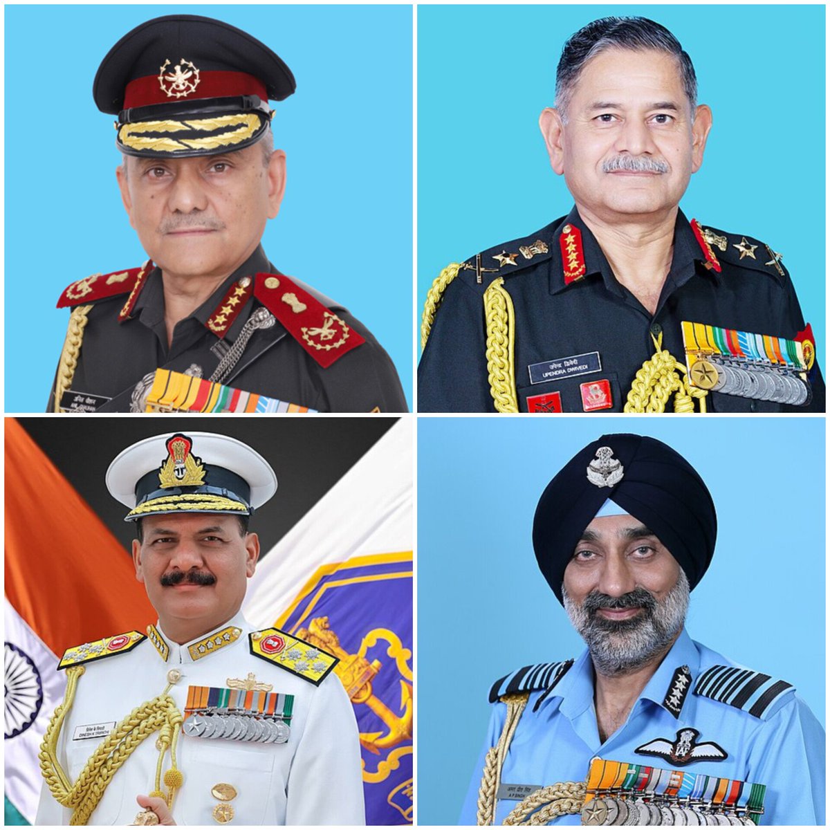 Meet the REAL HEROES #OperationSindoor

General Anil Chauhan, Chief of Defence Staff 🇮🇳

General Upendra Dwivedi, Chief of the Army Staff 🇮🇳

Admiral Dinesh Tripathi, Chief of the Naval Staff 🇮🇳

Air Chief Marshal AP Singh, Chief of the Air Staff 🇮🇳

Thank you LEGENDS 🫡🇮🇳