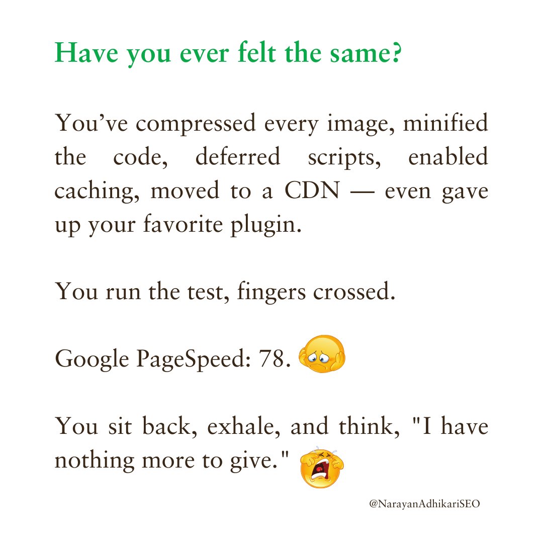 SEOexpertNA's tweet photo. Have you ever felt the same? 
Optimized everything, but Page Speed still doesn't cooperate. 🤦‍♂️ 
#SEOExpertInNepal #NarayanAdhikari #PageSpeed #SEO https://t.co/Bw82RNLcvm