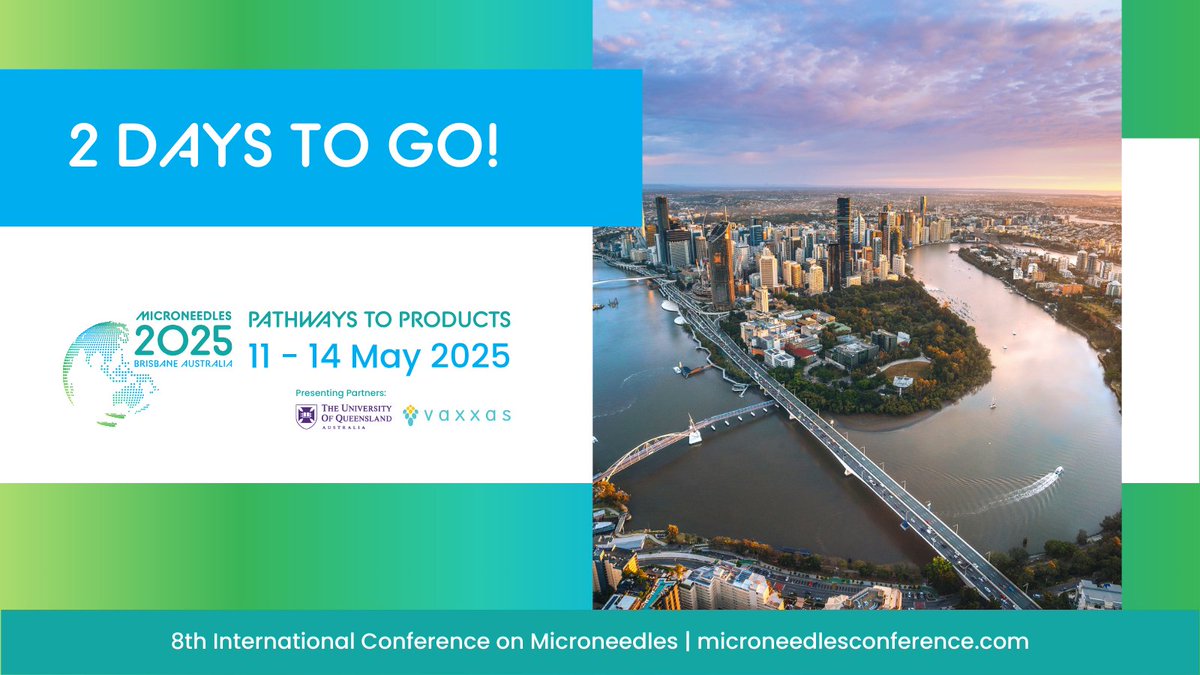 ⏳ JUST 2 DAYS TO GO!
#Microneedles2025 is landing in Brisbane for the first time ever!
📍11-14 May | Brisbane Convention and Exhibition Centre
Join global experts in drug delivery &amp; diagnostics and explore all that vibrant Brisbane has to offer!
More info:microneedlesconference.com/pages/host-cit…