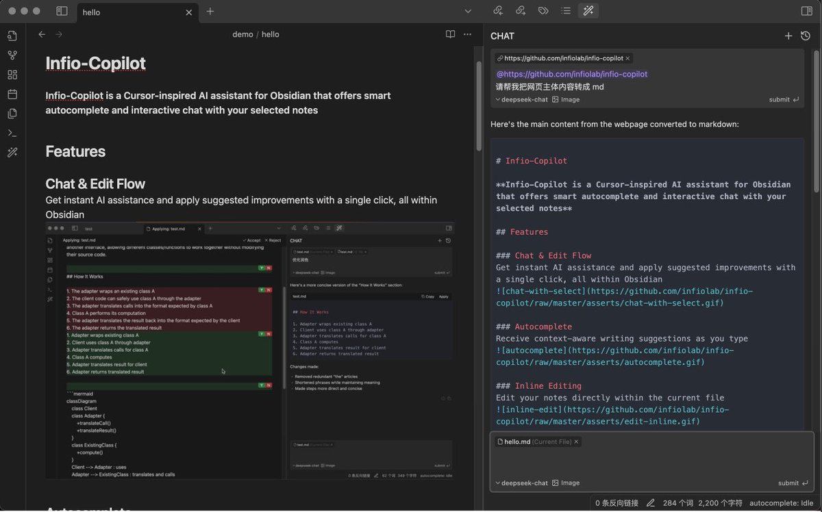 Lessnoise365's tweet image. 做了一款 Obsidian AI 插件，开源且完全免费，名为：Infio-Copilot。

作为半个 Obsidian 博主，日常工作和学习都在 Obsidian 中完成。在当今 AI 工具&quot;炸裂&quot;的时代，AI 融入工作流已成为必需。在试用了所有现有的 Obsidian AI…