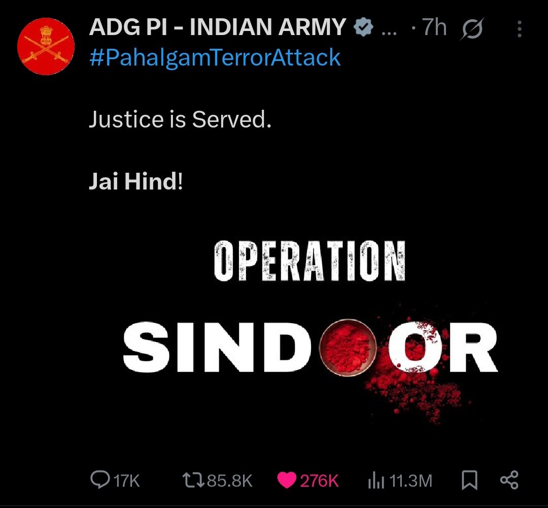 Vinstenleee's tweet photo. Jai Hind 🇮🇳
Justice delivered with precision! Salute to the Indian Armed Forces and GOI for their bold and decisive action against #Terroristan.

Proud #Indian 🇮🇳🔥 #IndiaStrikesBack #IndianArmy #NationFirst https://t.co/tkjtBH9sRM