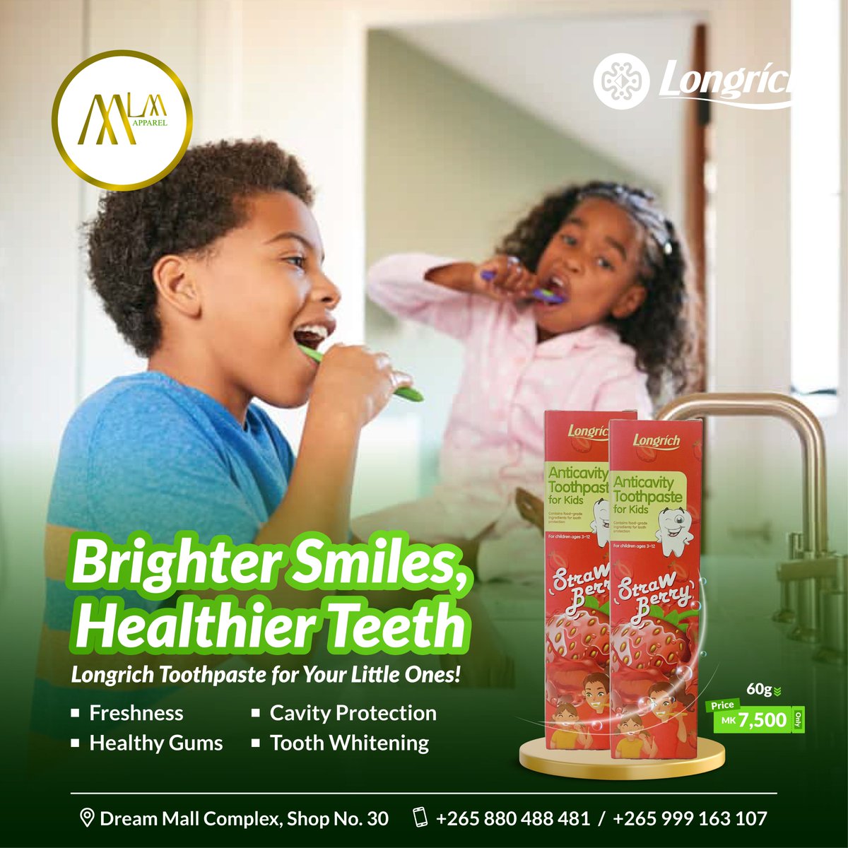 mlmapparelmw's tweet image. Keep Your Child's Smile Bright and Healthy! 🦷🪥

Benefits: Fresh breath, healthy gums, cavity protection, and tooth whitening – all in one tube!

Dream Mall Complex, Shop No. 30
Price: MK7,500 | Size: 60g
Call: +265 880 488 481

#KidsCare #BrightSmiles #LongrichToothpaste