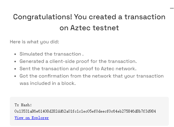 ErfaanC42983's tweet photo. I sent a private transaction on @aztecnetwork Public Testnet by generating a client-side proof.

Try it yourself with Aztec Playground: https://t.co/kRfyExNAPG https://t.co/Dd3g1qNxrf