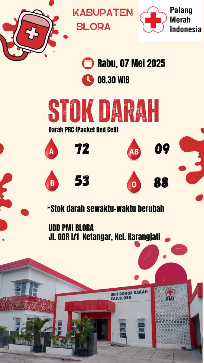 Stok Darah PMI Kabupaten Blora Rabu,07 Mei 2025.
#Stoksewaktuwaktuberubah
<a href="/Blood4LifeID/">BFL INDONESIA</a>