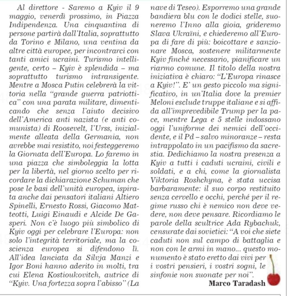 L'Europa rinasce a Kyiv! 
Il 9 maggio saremo a #Kyiv, con <a href="/mrctrdsh/">marco taradash</a> (che qui ne scrive, sul Foglio) e tanti altri cittadini italiani ed europei.
Porteremo un'enorme bandiera europea su cui scriveremo i nomi di Antonio Russo, Anna Politkovskaja e Viktorija Roščcyna
#SlavaUkraïni🇺🇦