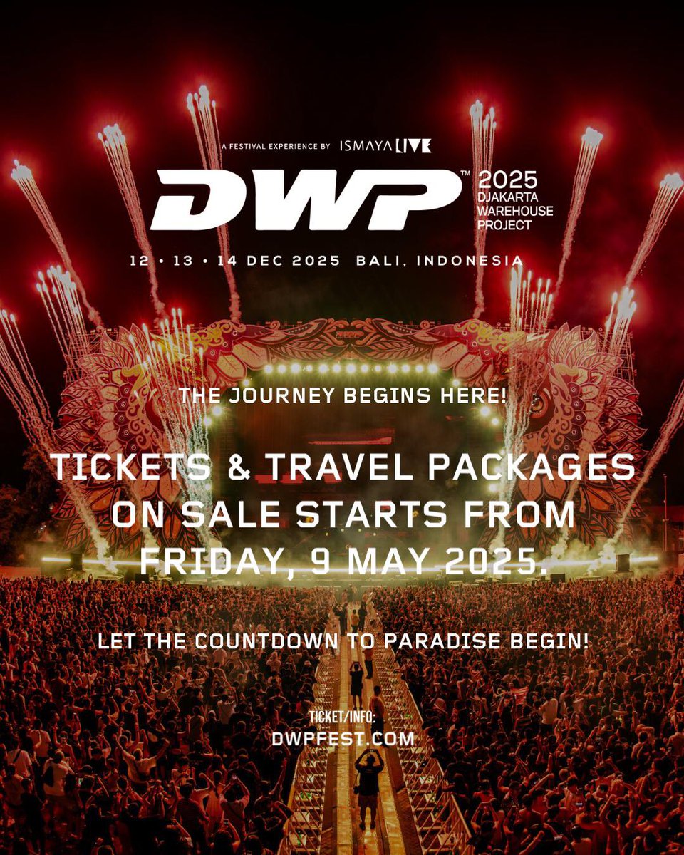 Set your alarm! Tickets and travel packages for #DWP25 will be available to purchase on Friday, 9 May 2025. 🚨

Prepare to secure your spot early and be part of one of Southeast Asia’s biggest dance music festival!

Tickets will be available via dwpfest.com. 🏝️