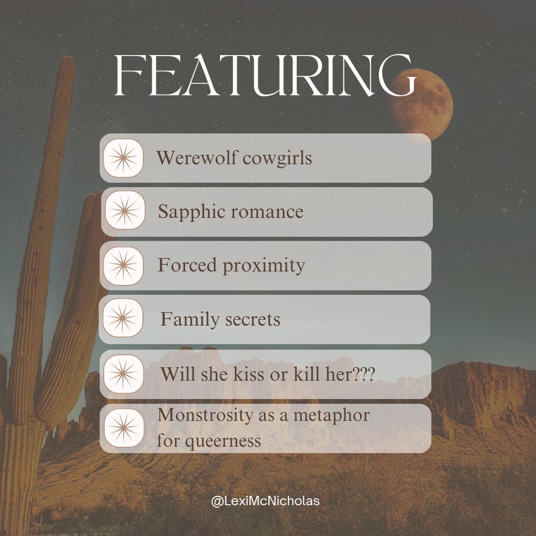 LexiMcnicholas's tweet image. For #QuestPit, I present the #agentguide for my book that was chosen as RevPit runner up!
Chaotic sapphic werewolf cowgirls search for cursed treasure in the wild west. There’s mysterious disappearances, dynamite, & grave robbing. Things get really spooky & really gay.
#H #Q #YA