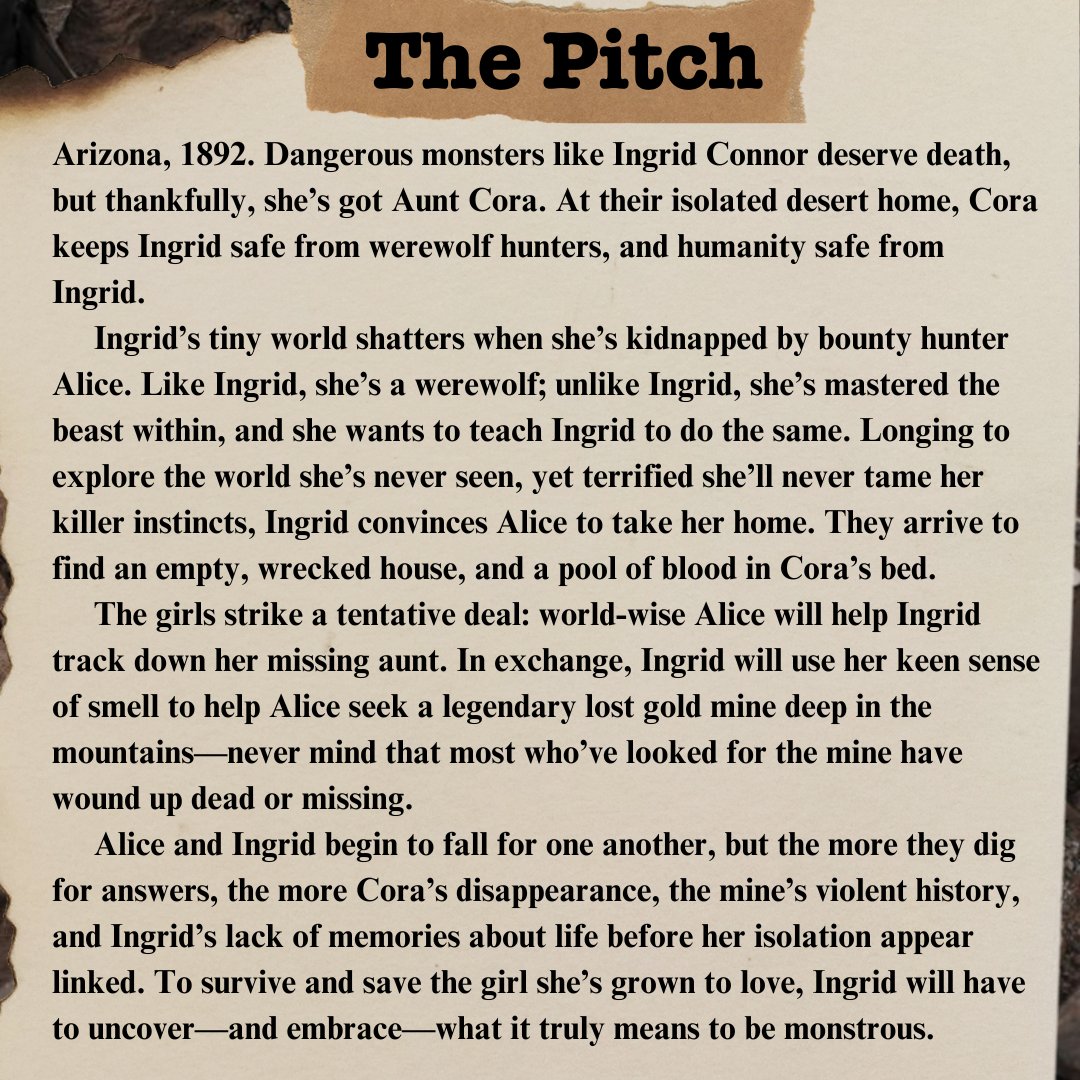 LexiMcnicholas's tweet image. For #QuestPit, I present the #agentguide for my book that was chosen as RevPit runner up!
Chaotic sapphic werewolf cowgirls search for cursed treasure in the wild west. There’s mysterious disappearances, dynamite, & grave robbing. Things get really spooky & really gay.
#H #Q #YA