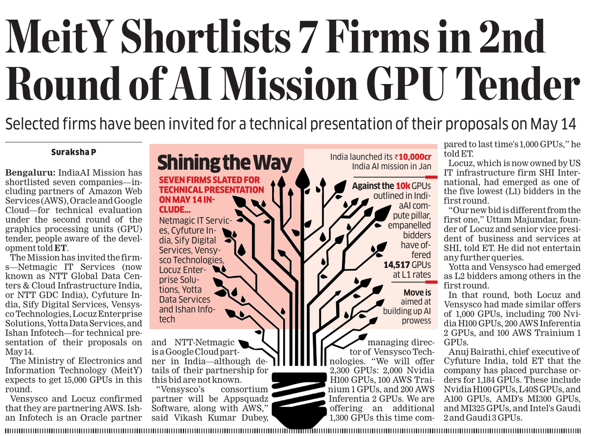 .<a href="/OfficialINDIAai/">IndiaAI</a> has shortlisted 7 cos—including partners of <a href="/AWSCloudIndia/">AWS Cloud India</a>, <a href="/Oracle/">Oracle</a> &amp; <a href="/GoogleCloud_IN/">Google Cloud India</a>—for technical evaluation under the 2nd round of the GPU tender. It has invited <a href="/NTTDATA_APAC/">NTT DATA Asia Pacific</a>, <a href="/cyfuture/">Cyfuture</a>, <a href="/sifydotcom/">Sify.com</a>, <a href="/vensysco/">Vensysco Technologies Limited</a>, <a href="/LocuzInc/">SHI India</a>, <a href="/YottaInfra/">Yotta Data Services Private Limited</a>, &amp; <a href="/ishanitech/">Ishan Techologies</a> —for ...