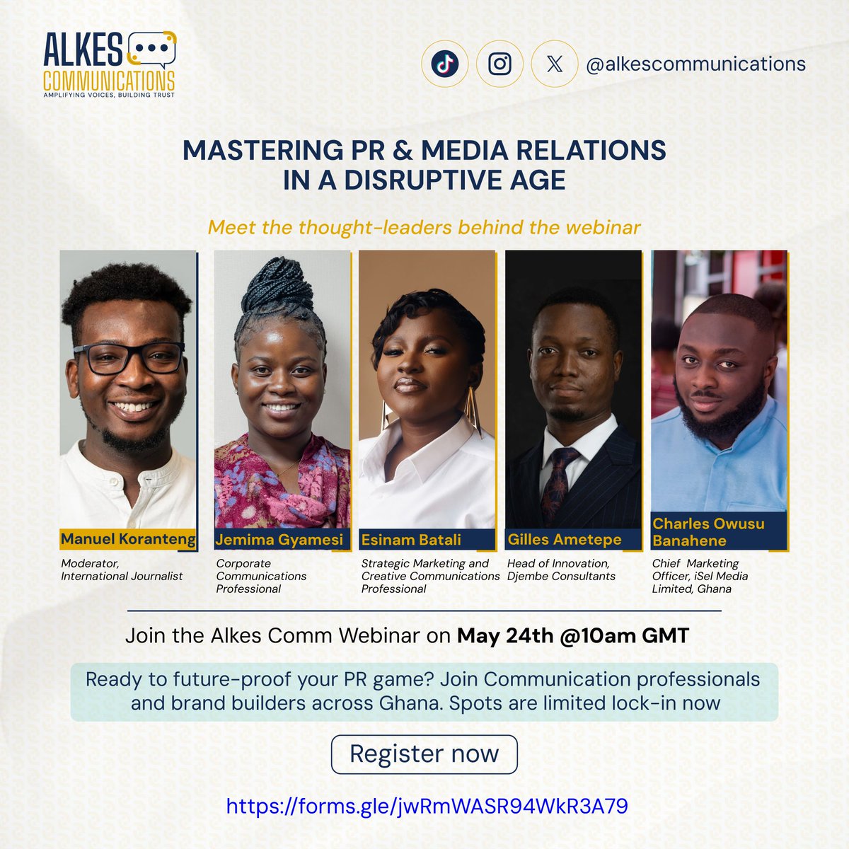 "PR in a disruptive age? We’ve got you covered. Join our webinar on May 24th—expert insights, actionable tips, and networking. Register: forms.gle/ooHBi4d6aavagh… #PR #MediaRelations"