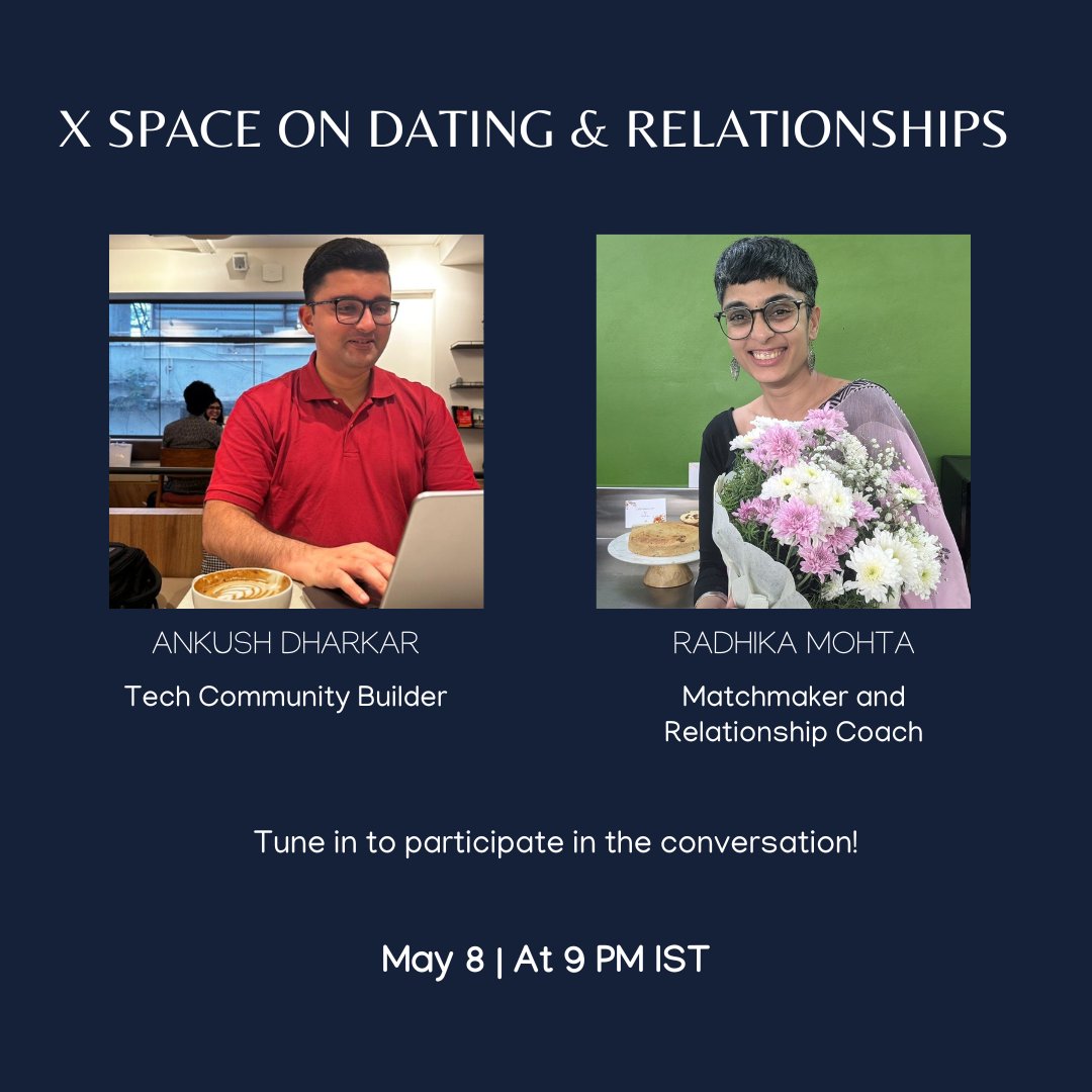 🔅Radhika Mohta (@radhikamohta) on Twitter photo Join <a href="/ankushdharkar/">Ankush Dharkar ☯️🎙️</a> and me for X Space on Dating and Relationships!
-Why is dating hard in 2025 & how to navigate?
-What are we hearing from men & women?
-Actionable Insights for you
-Guest speaker spots
Save The Date for May 8 at 9 PM IST.
x.com/i/spaces/1rmxP… Join <a href="/ankushdharkar/">Ankush Dharkar ☯️🎙️</a> and me for X Space on Dating and Relationships!
-Why is dating hard in 2025 & how to navigate?
-What are we hearing from men & women?
-Actionable Insights for you
-Guest speaker spots
Save The Date for May 8 at 9 PM IST.
x.com/i/spaces/1rmxP…