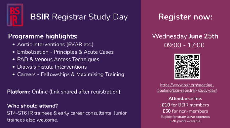 The British Society of Interventional Radiology (@bsir_news) on Twitter photo Inaugural BSIR Trainee Study Day
The first-ever BSIR Registrar Study Day is here!
Wednesday 25 June | 09:00–17:00 | Online
This year’s theme: Mastering the MDT Real-world tips to boost your IR planning and decision-making.
More info - tinyurl.com/5n73t4ye
<a href="/TraineesBSIR/">BSIR Trainees (British Society of IR Trainees)</a> Inaugural BSIR Trainee Study Day
The first-ever BSIR Registrar Study Day is here!
Wednesday 25 June | 09:00–17:00 | Online
This year’s theme: Mastering the MDT Real-world tips to boost your IR planning and decision-making.
More info - tinyurl.com/5n73t4ye
<a href="/TraineesBSIR/">BSIR Trainees (British Society of IR Trainees)</a>