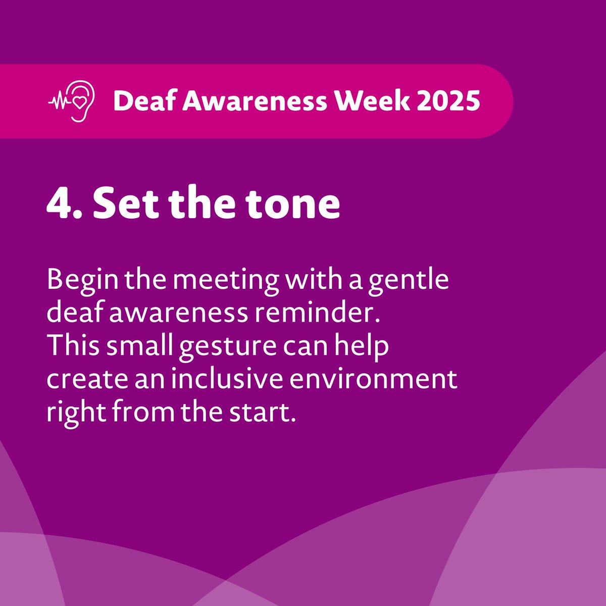 Before you send that calendar invite, read these top tips on making your work meetings deaf-friendly 👇

A few small changes can help everyone feel included 💜

This #DeafAwarenessWeek, visit our website for guidance on making meetings more inclusive: go.ndcs.org.uk/xdaw2025meetin…