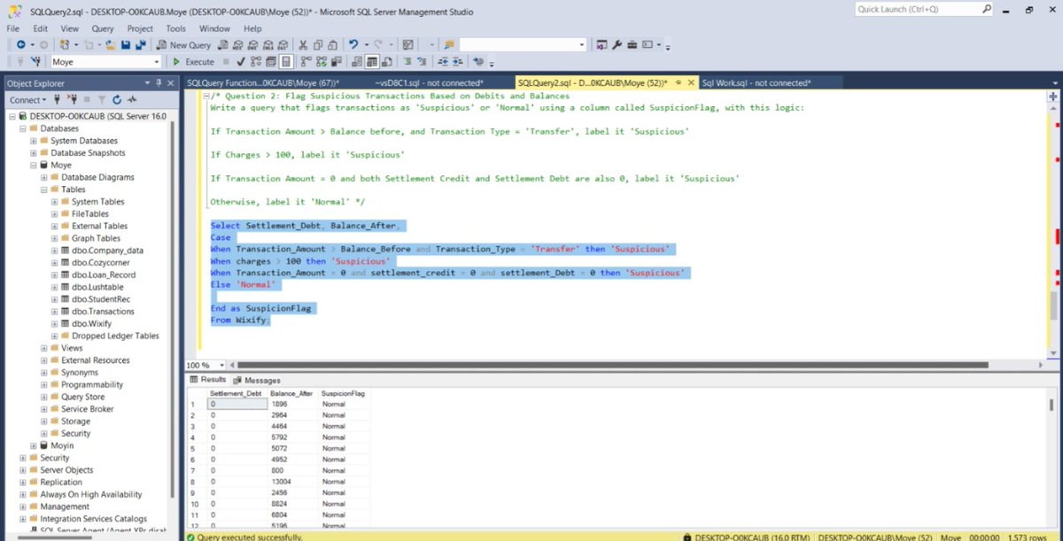 moyin_06's tweet image. Used a CASE WHEN logic to flag potentially suspicious financial records based on transaction behavior. This is where SQL goes beyond querying, into real-world decision-making.

#SQL #DataAnalytics #SQLQuery #DataAnalyst #FinancialAnalysis #PowerOfSQL #TechCommunity #DataScience