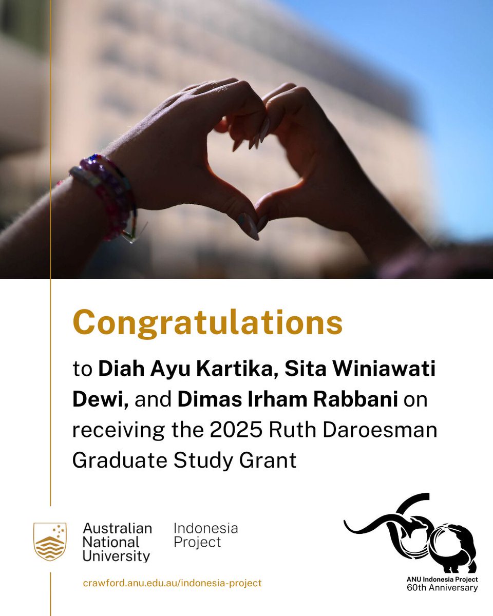 Congratulations to <a href="/dyahkathy/">Dyah Ayu Kartika</a>, <a href="/simplysita/">Sita Dewi</a> and Dimas Irham Rabbani on receiving the 2025 Ruth Daroesman Graduate Study Grant. Their research spans diverse issues in Indonesian studies. Stay tuned as we spotlight each recipient and their work in the coming days.
