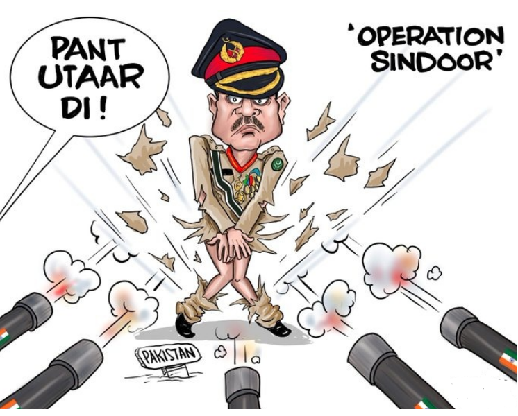 1Cartoonist's tweet photo. "#OperationSindoor in full swing! Looks like someone’s pants are down—guess who’s blushing now?
#IndiaPakistanTensions Operation Vidwa #IndiaStrikesBack #JaiHind #IndianAirForce #PakistanTerrorNetworkExposed #IndiaPakistanWar https://t.co/Utlv2N5g23