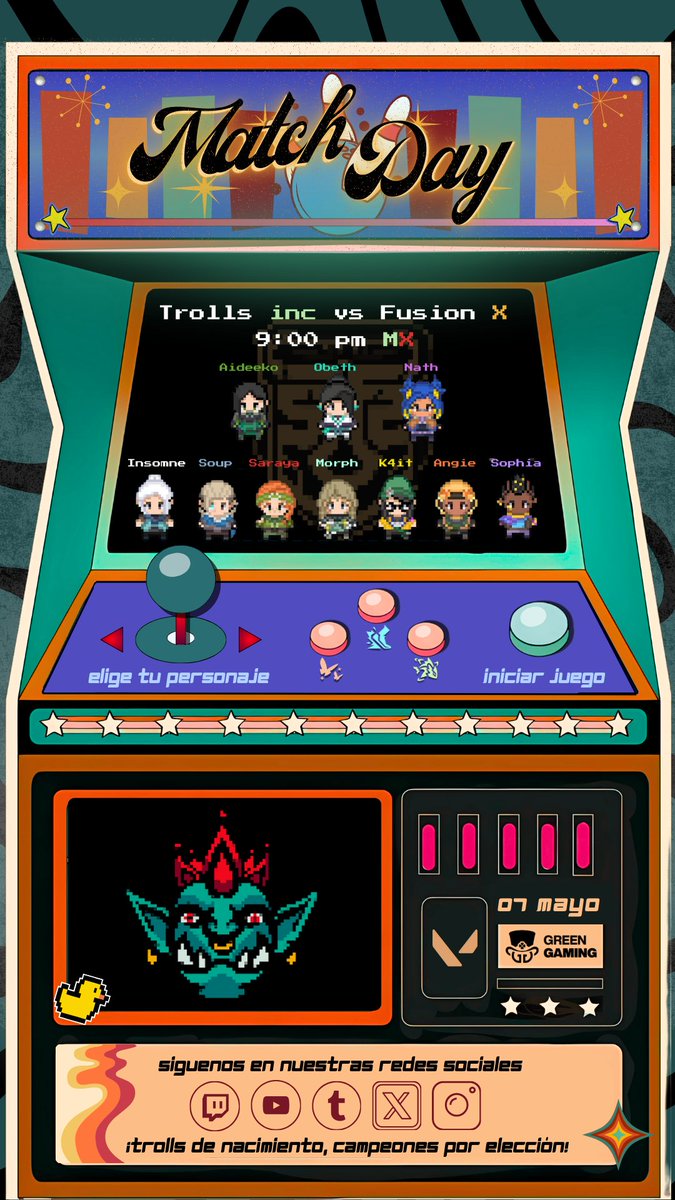 Trolls Inc. (@trolls__inc) on Twitter photo ¡MATCHDAY!
Traemos a sus pantallas 📺 una gran batalla, pues mañana nos veran contra nuestro primer oponente del torneo <a href="/LigaGreenFem/">Green Gaming 🌺</a>
¡Le extendemos la mano a <a href="/fusionfsgg/">FUSION</a> esperando tener un combate legendario! 🔥
A nuestros trolls los veremos en el canal de <a href="/MsAppletreeTV/">MsAppletree 🍎➡️🎙️ Masters Toronto 🇨🇦</a> 🍎 ¡MATCHDAY!
Traemos a sus pantallas 📺 una gran batalla, pues mañana nos veran contra nuestro primer oponente del torneo <a href="/LigaGreenFem/">Green Gaming 🌺</a>
¡Le extendemos la mano a <a href="/fusionfsgg/">FUSION</a> esperando tener un combate legendario! 🔥
A nuestros trolls los veremos en el canal de <a href="/MsAppletreeTV/">MsAppletree 🍎➡️🎙️ Masters Toronto 🇨🇦</a> 🍎