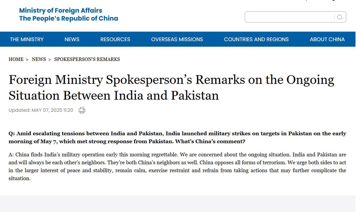 China reacts to India’s attack on Pakistani terrorists and Pakistani terror infrastructure, calls it “regrettable”. “China opposes all forms of terrorism”.
