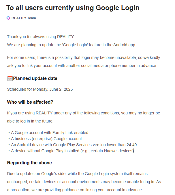 REALITY_app_en's tweet photo. Changes in the Google Login Method⚠

We'll have some changes in the Link Method using Google Login in REALITY on June 2nd.

Please check this Notice to learn how to protect your important account.
https://t.co/T6mewq1BC4 https://t.co/9EZOChfDrC