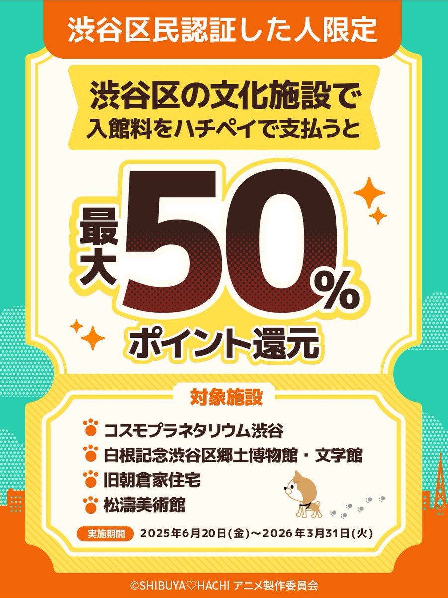 【開催】ハチペイアプリで決済すると、文化施設入館料が最大50％ポイント還元されるキャンペーンを開催します。
対象:渋谷区民認証が有効な人
期間:2025/6/20(金)～2026/3/31(火)
詳しくは、ハチペイHPで。(産業観光課)
hachi-pay.tokyo/news/detail/?i…