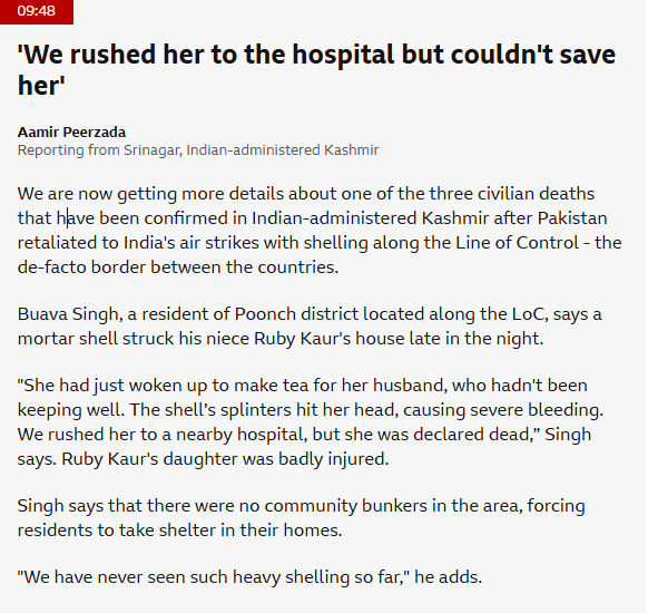 "She had just woken up to make tea for her husband, who hadn't been keeping well. The shell’s splinters hit her head, causing severe bleeding. We rushed her to a nearby hospital, but she was declared dead." #IndiaPakistanTensions